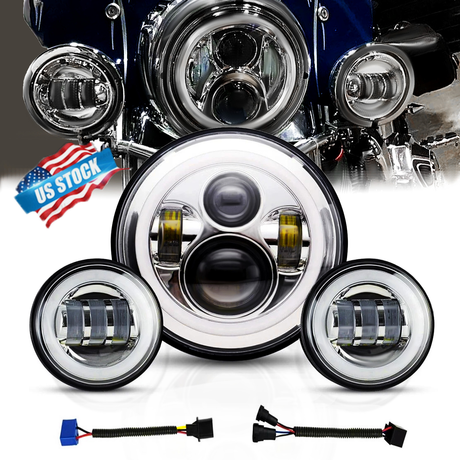 7″ 6000K LED Headlight Hi/Lo + 4.5” 80W Fog Light Combo for Harley Davidson