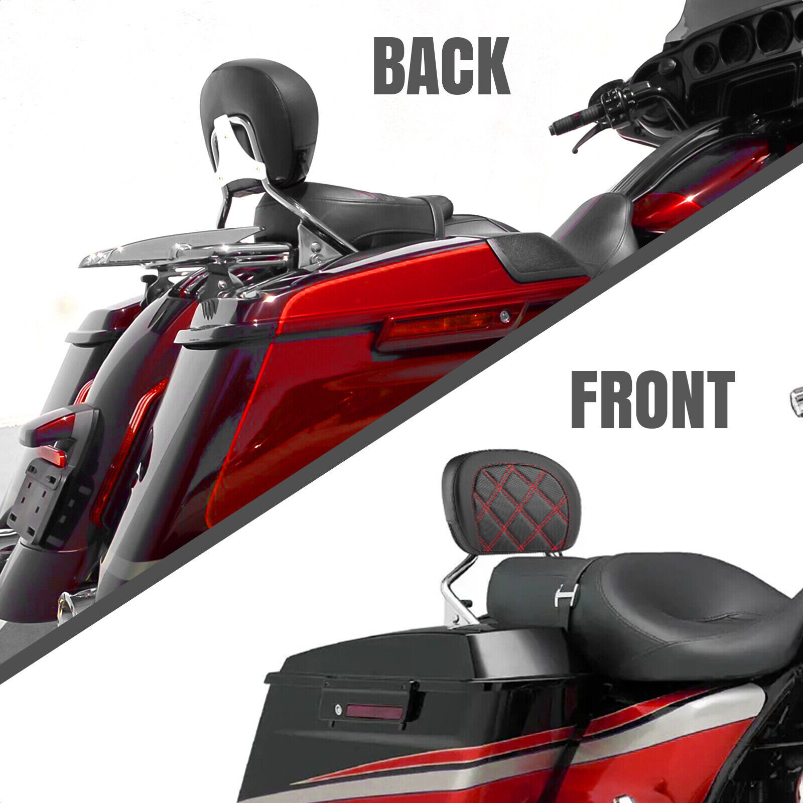 Rear Passenger Sissy Bar Backrest Pad Bracket For Harley Touring Red Stitching