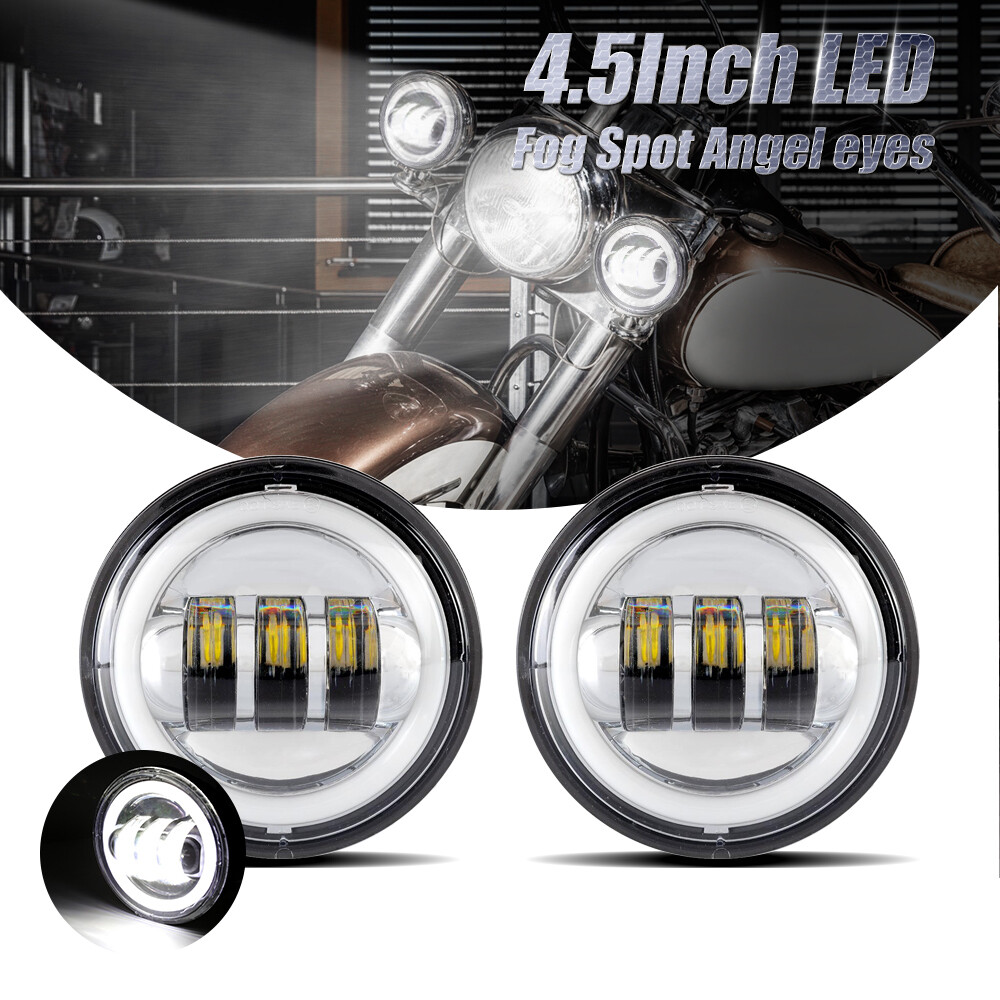 Pair 4.5″ LED Fog Passing Lights Angel Eyes Chrome For Harley Yamaha SUZUKI
