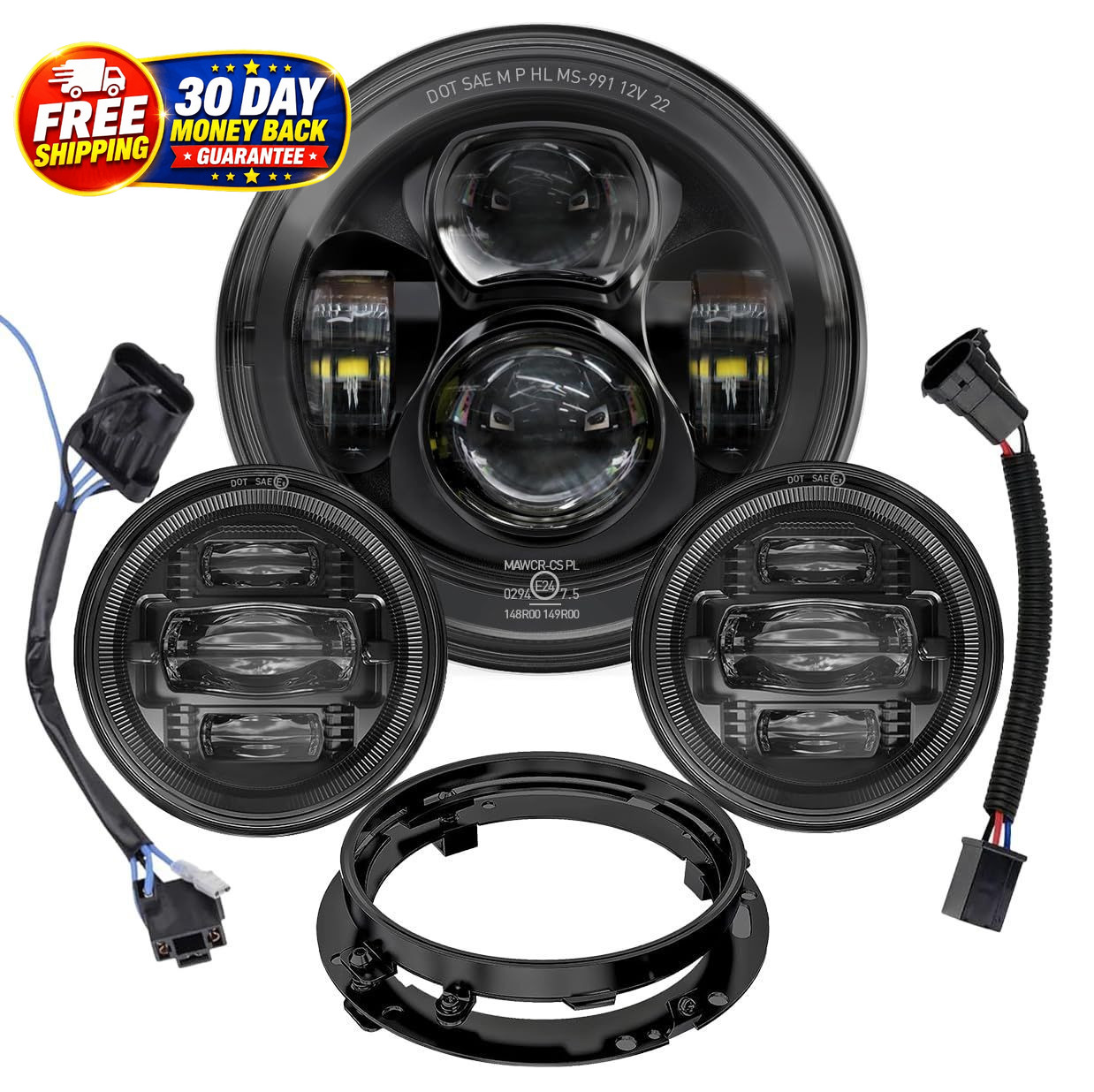 7 Inch Motorcycle LED Headlight 4.5″ Fog Passing Lights DOT Kit for Harley David
