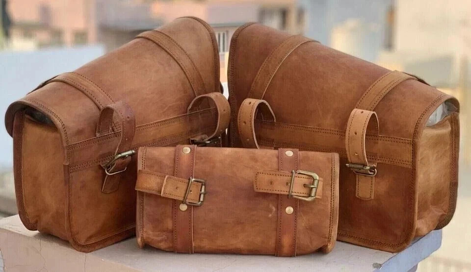 Motorcycle Saddle Bag COMBO Real Brown Goat Leather Panniers Tool Pouch Side Bag
