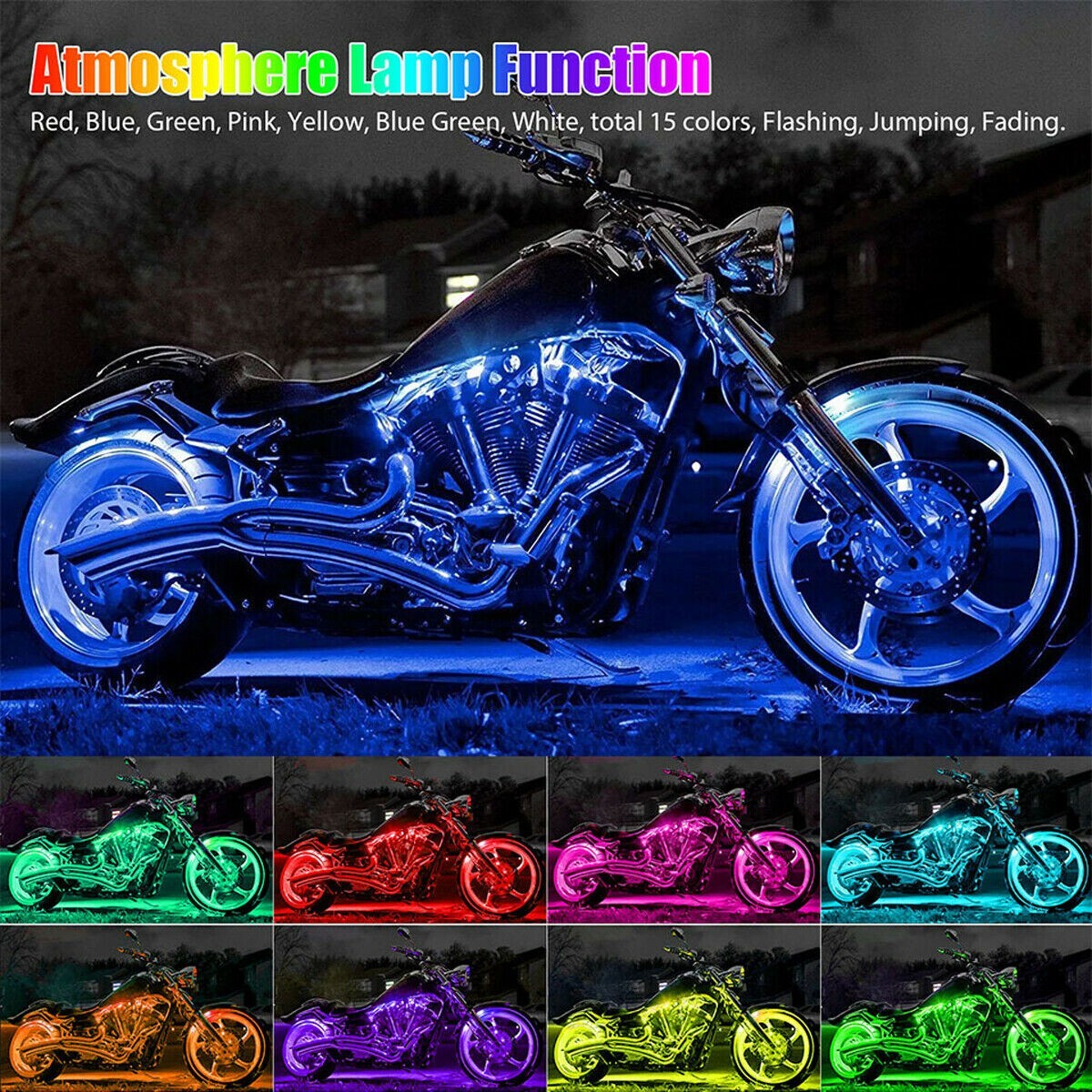 16PCS Motorcycle RGB LED Strip Light Under Glow Neon Kit Bluetooth APP Control