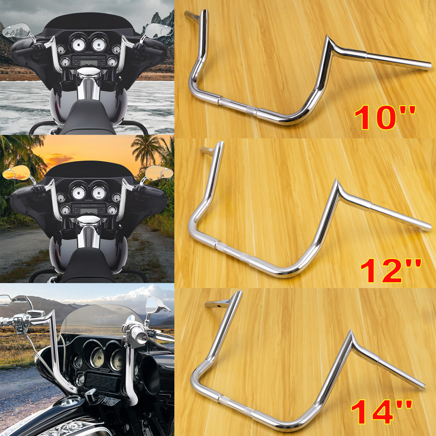 16” 10″ 12″ 14″ Meathook Ape Hanger Handlebar For Harley Electra Street Glide