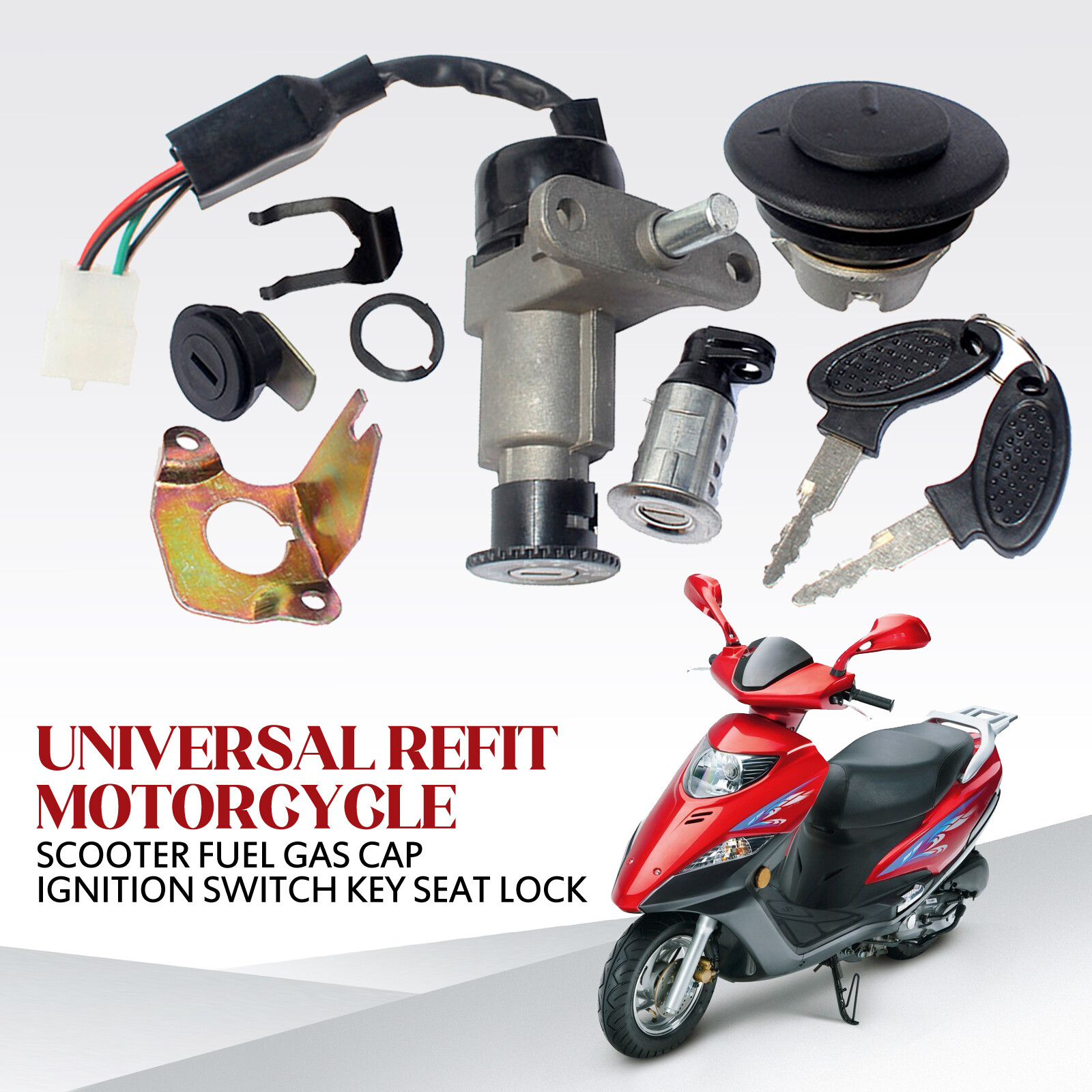 Universal Motorcycle Scooter Fuel Gas Cap Ignition Switch Key Seat Lock Set