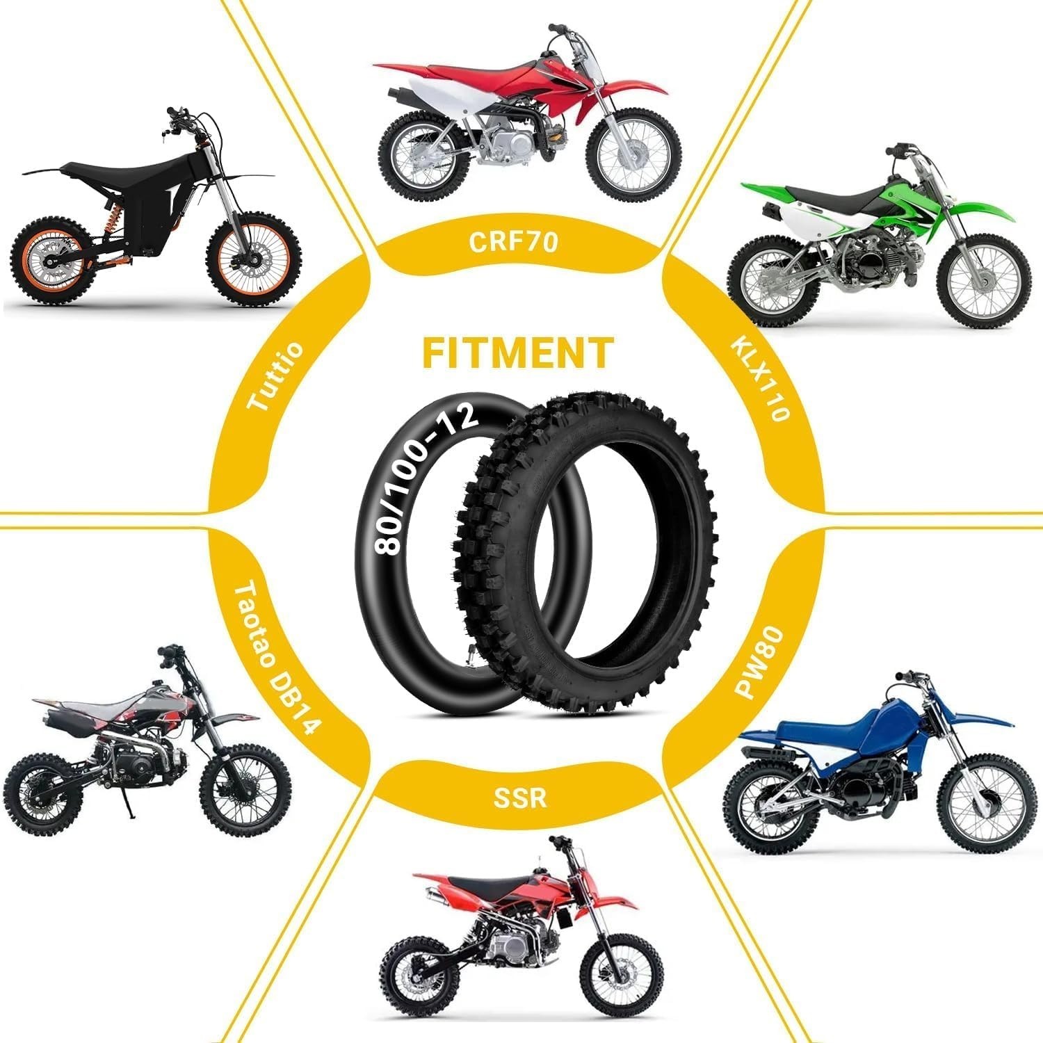 3.00-12 80/100-12 Rear Tire with Inner Tube Set For Pit Bike KLX110 DRZ110 CRF70