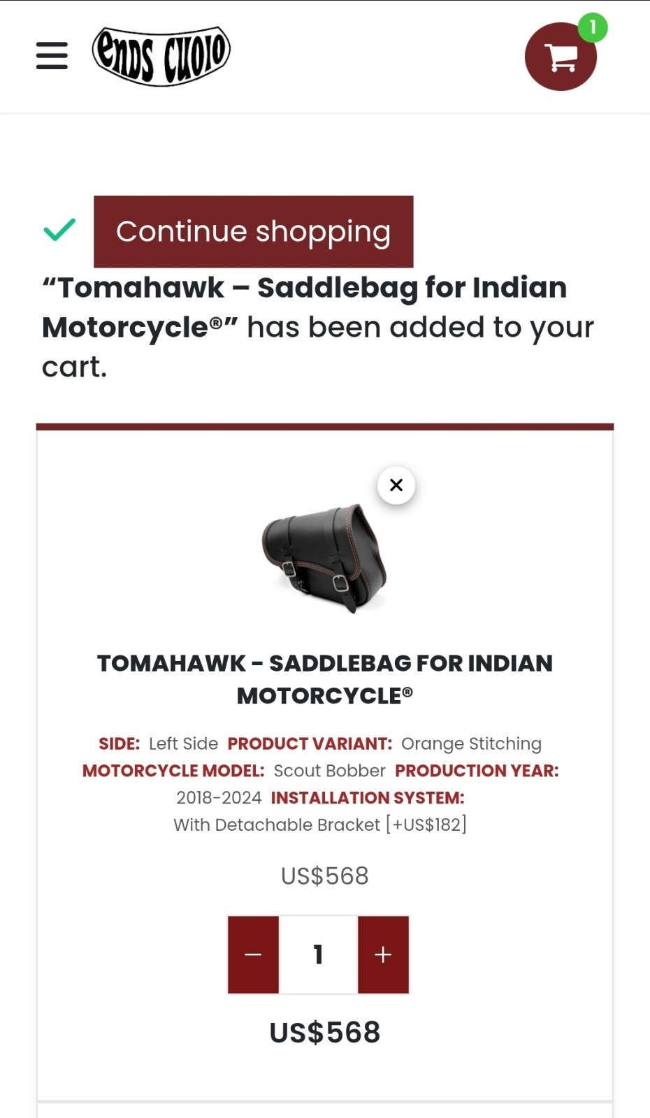 ends cuoio Tomahawk Saddlebag for Indian Motorcycle Black Leather Orange Stitch