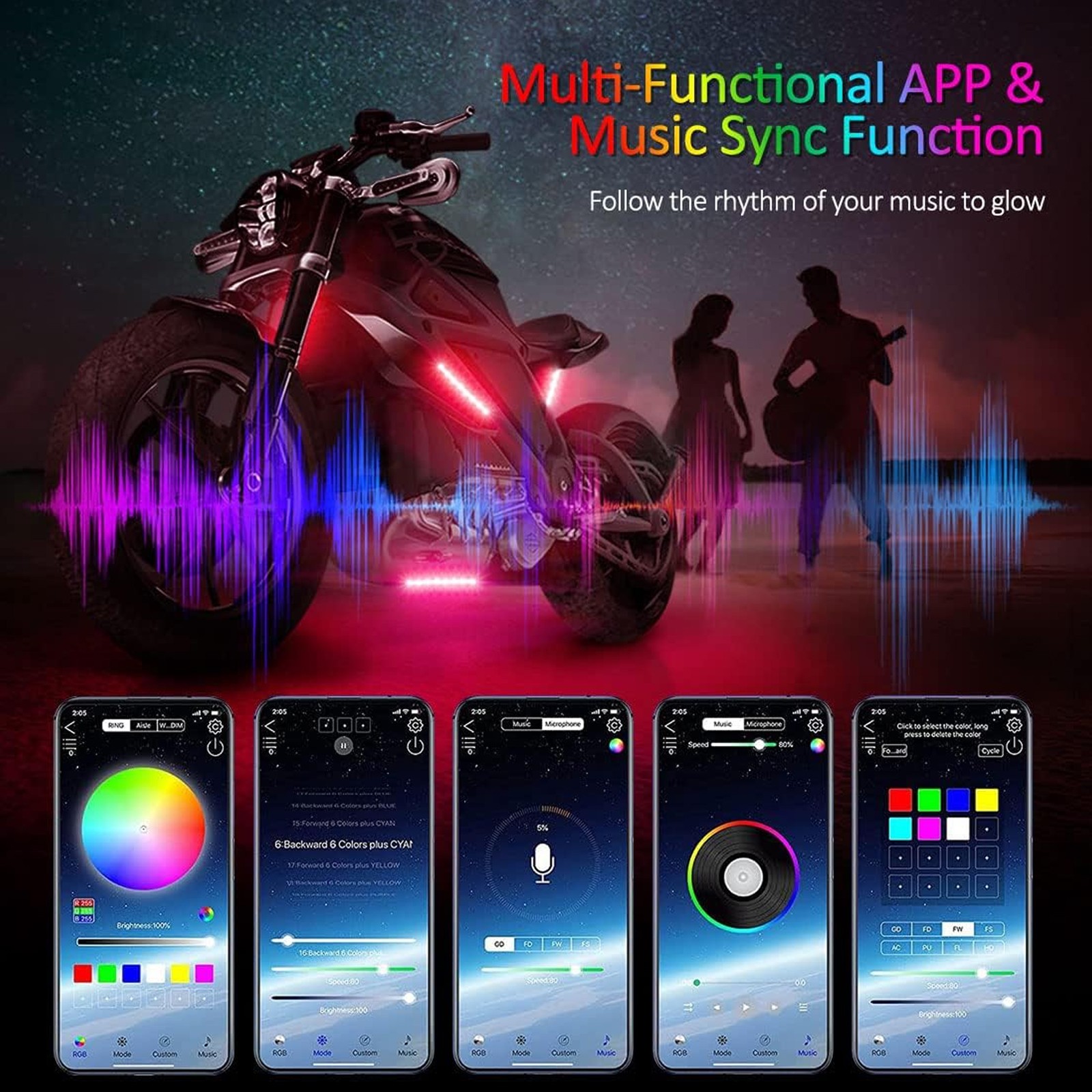12pcs Motorcycle Underglow Neon Atmosphere Glow Light Strip Kit Control RGB APP