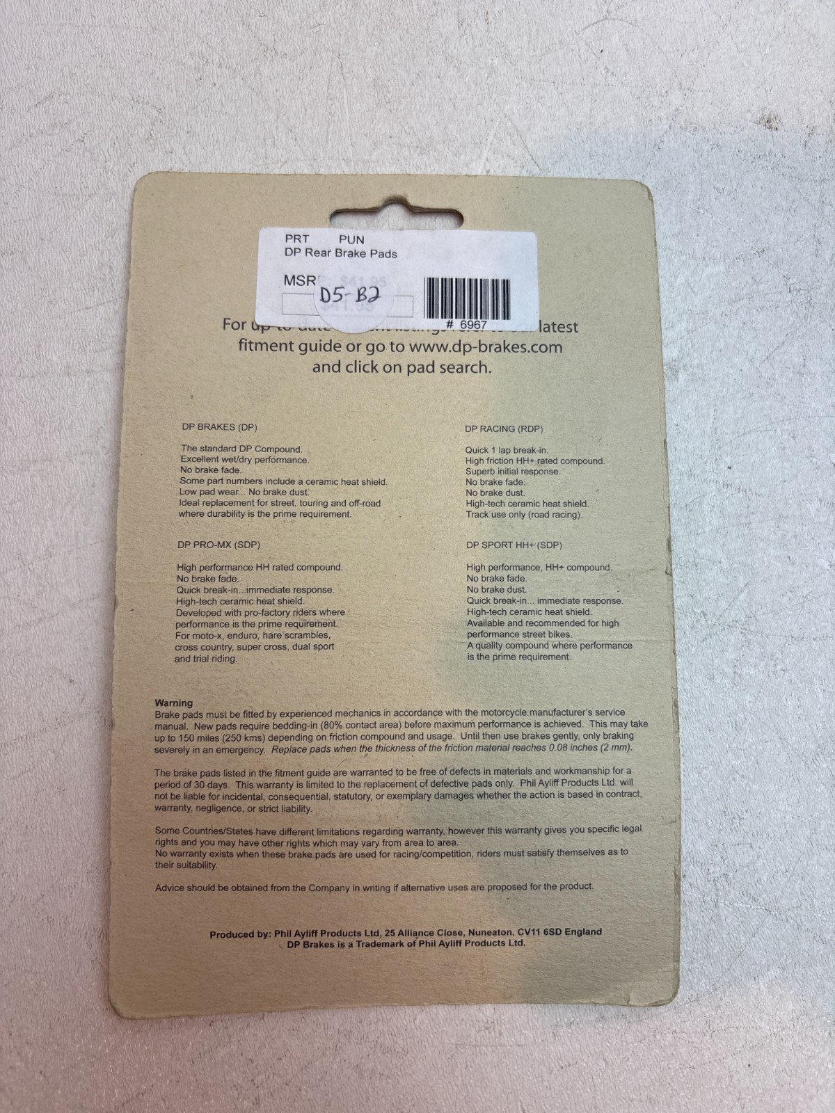 New DP Brakes Standard Sintered Metal Off-Road Motorcycles Brake Pads DP940