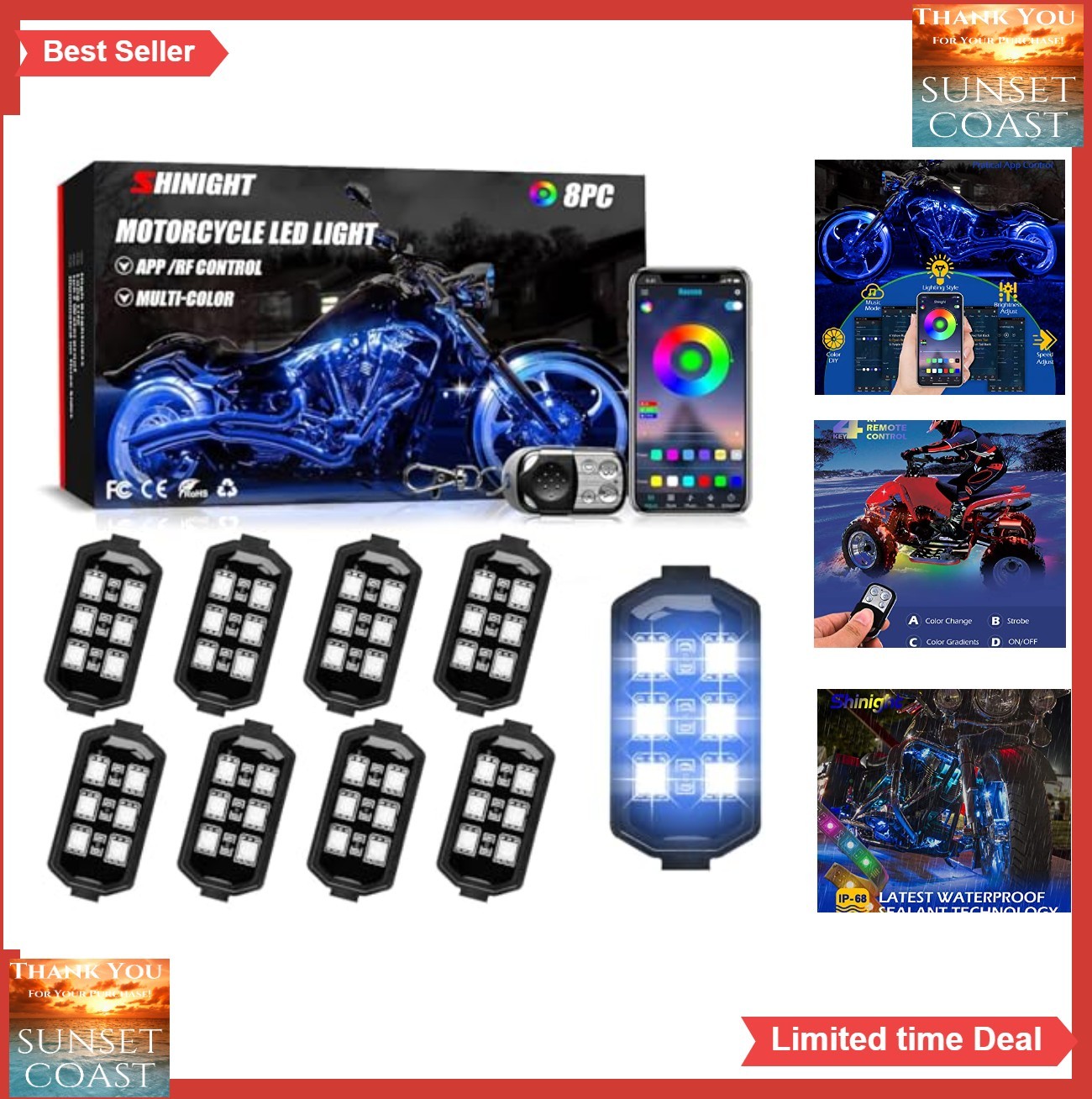 Motorcycle LED Light Kit 8 Pcs App Control Multicolor Waterproof IP67 Strip