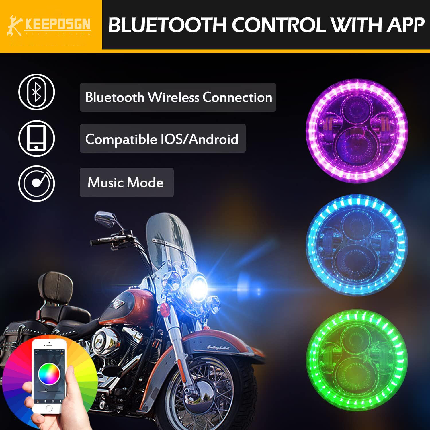 For Harley FHLX Street Glide RGB 7″ LED Projector Headlight App Remote Control
