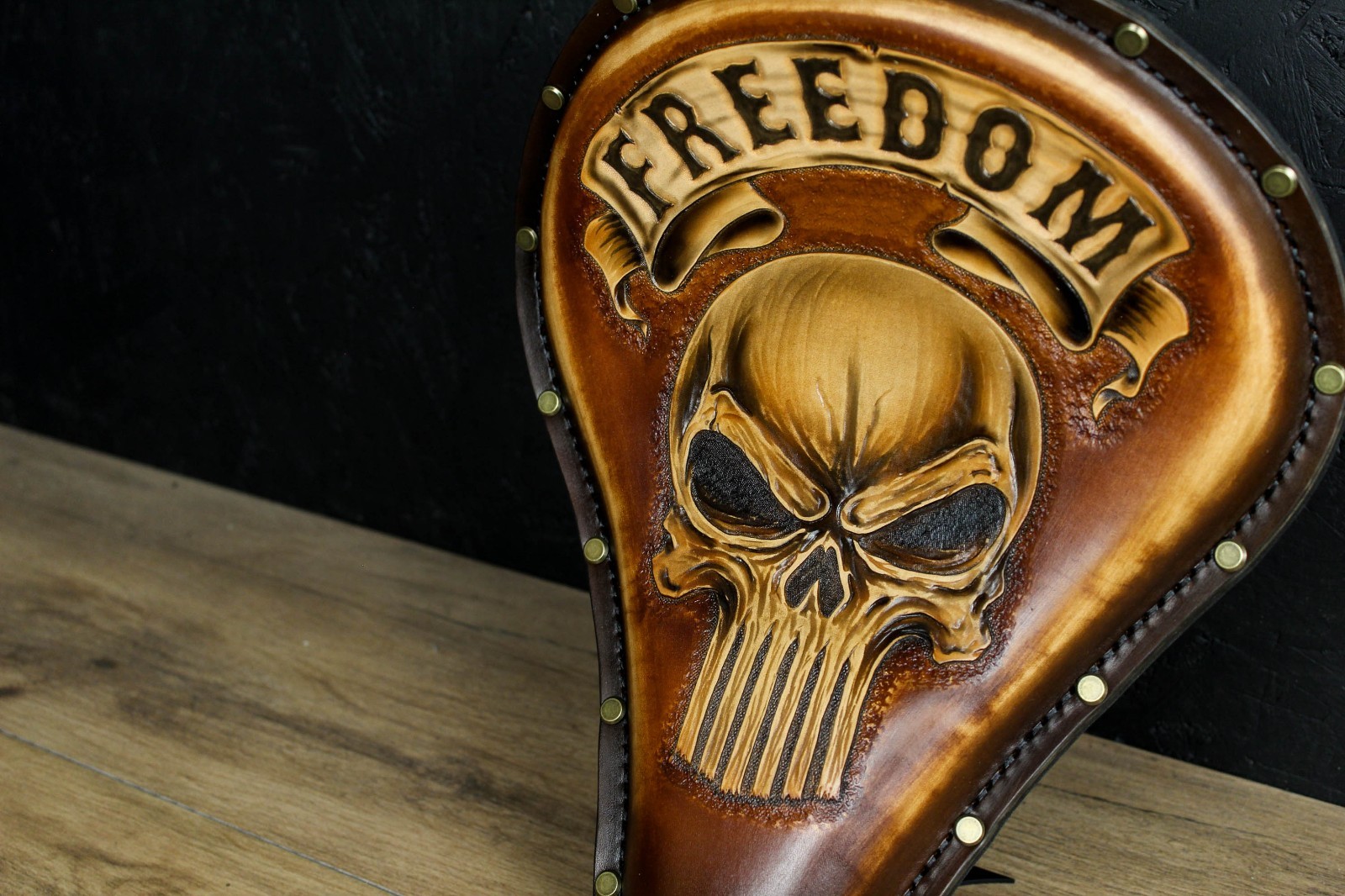 Handmade Brown Leather Motorcycle Solo Seat Saddle Scull Punk Chopper Bobber S