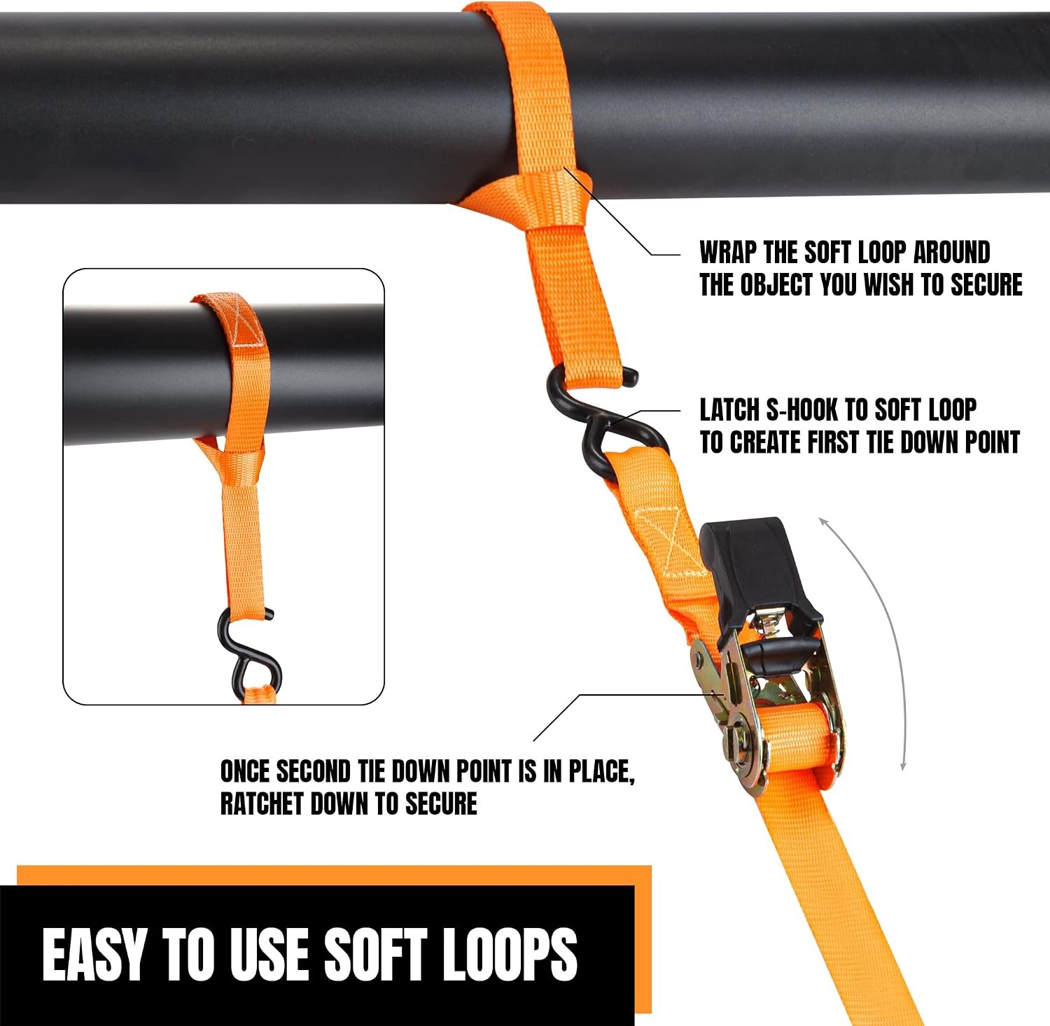 4-Pack 1×15 ft Ratchet Tie-Down Straps S-Hooks, Orange 1500 lb Capacity, Include