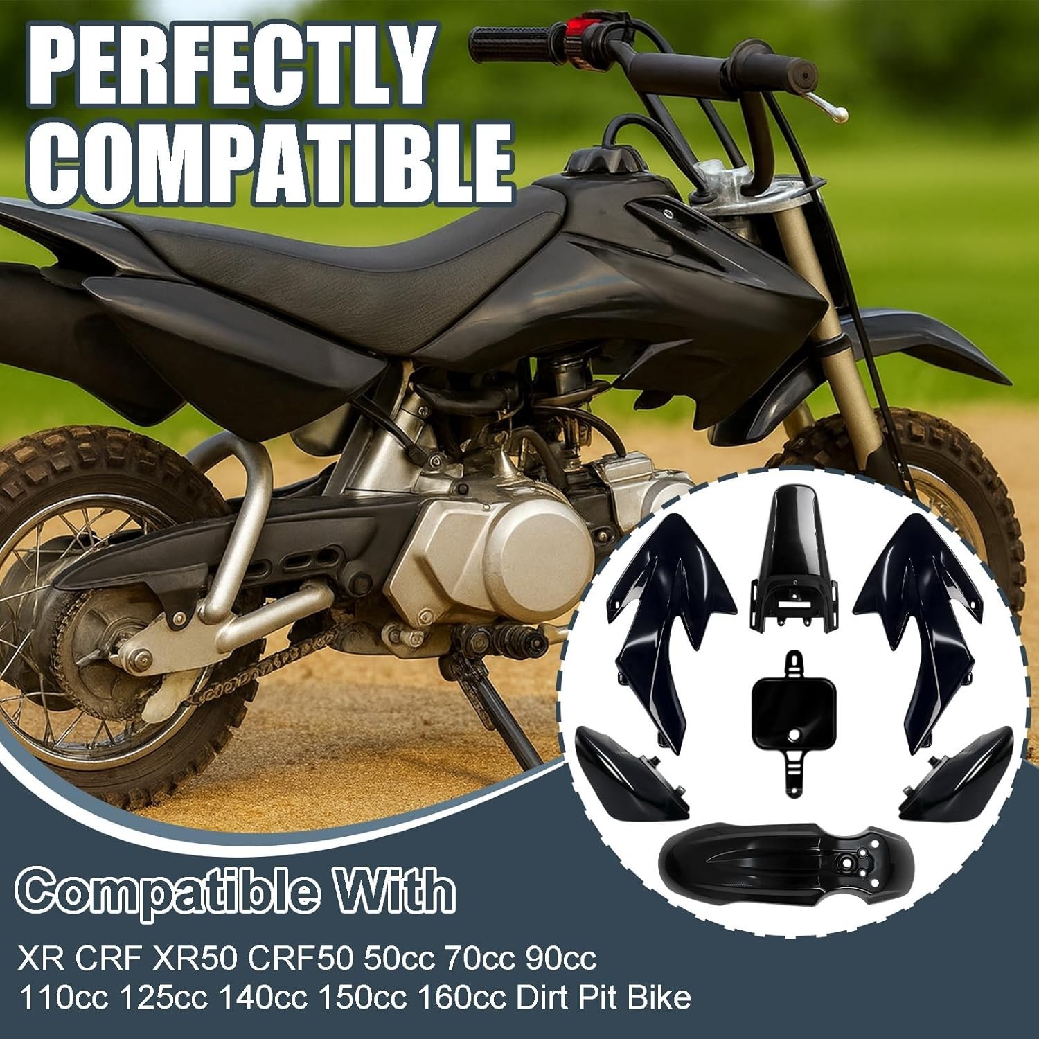 CRF50 Black Fender Fairing Body Work Set, Plastic Body Fender Kit for XR50 XR 50