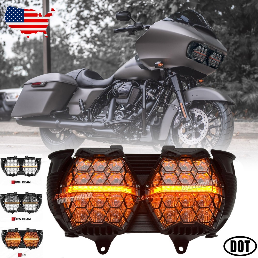 For Harley Davidson Road Glide 2015-2023 LED Dual Headlight Hi-Lo beam Amber DRL