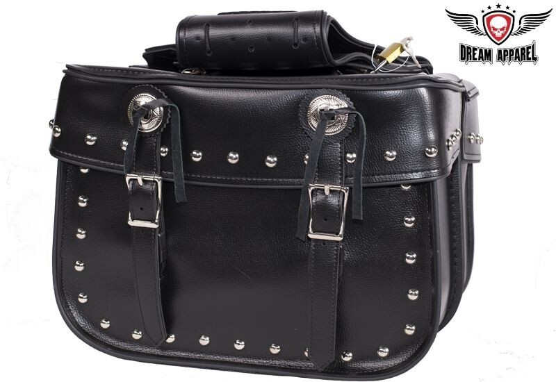Motorbike Black Leather Saddlebag Waterproof PVC Studded Motorcycle Luggage