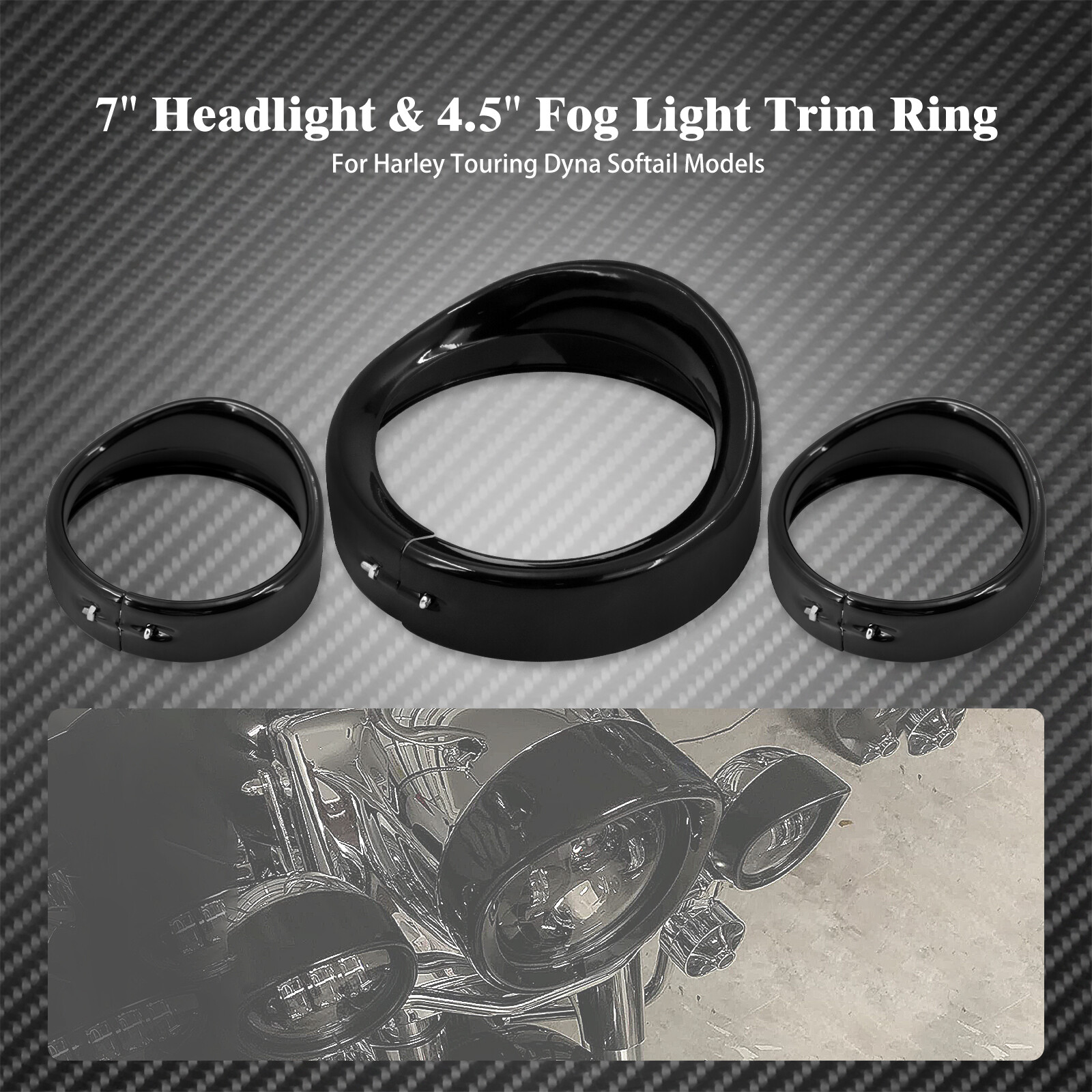 Gloss 7” Headlight+ 4.5″ Auxiliary light Visor Trim Ring Set Fit For Harley FLH