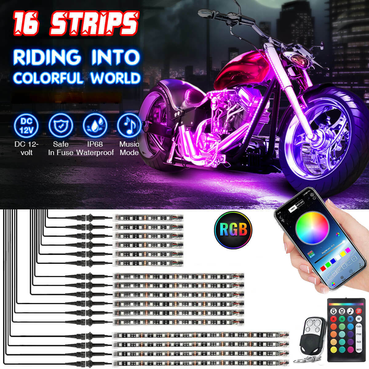 16pc RGB Motorcycle LED Neon Under Glow Lighting Kit For Harley Davidson Music