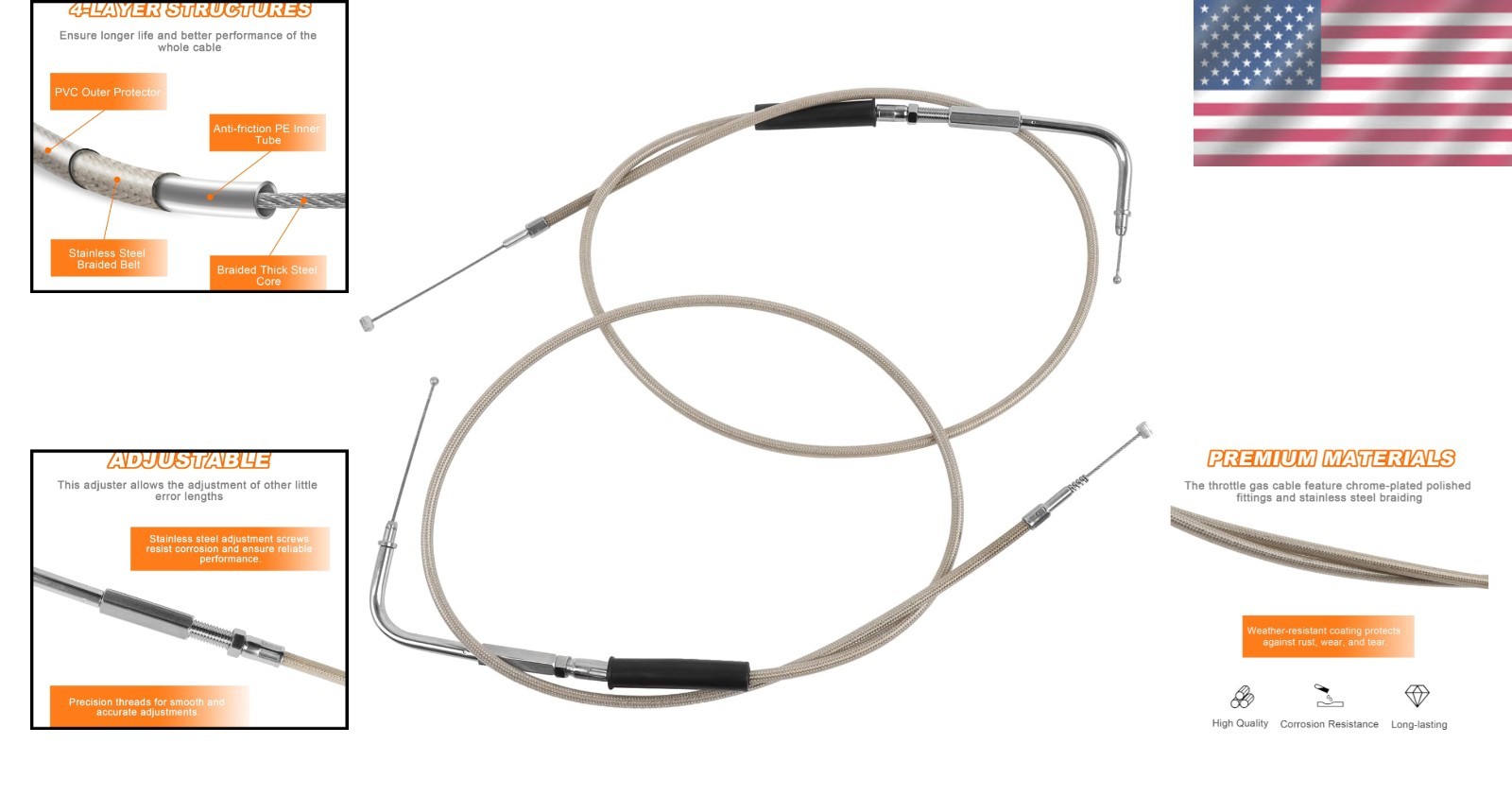 Stainless Steel Braided Throttle Idle Cable Kit Compatible with Harley 43″ fo…