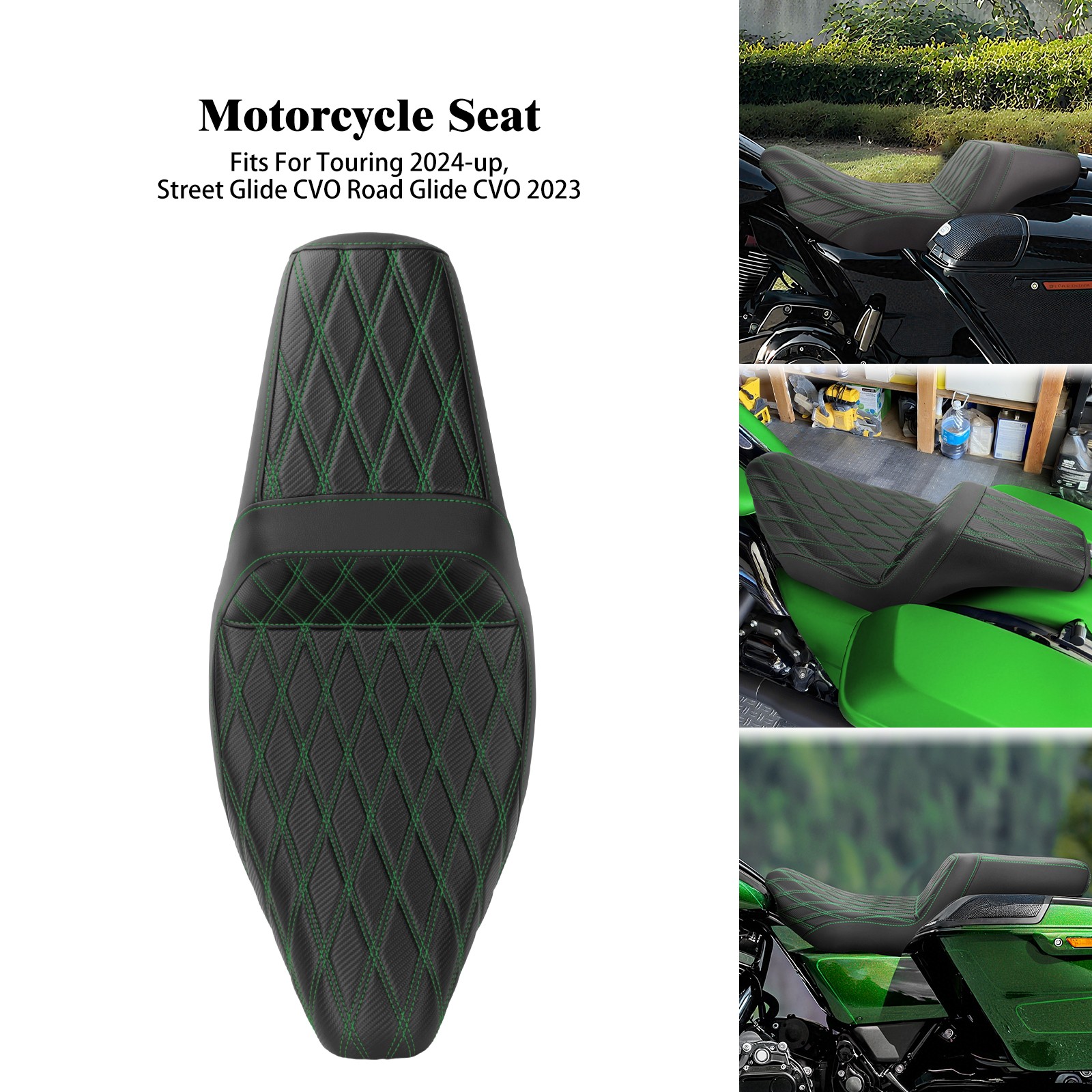 Black Gel Seat Green Stitching For Harley Touring 24 up Street Road Glide King
