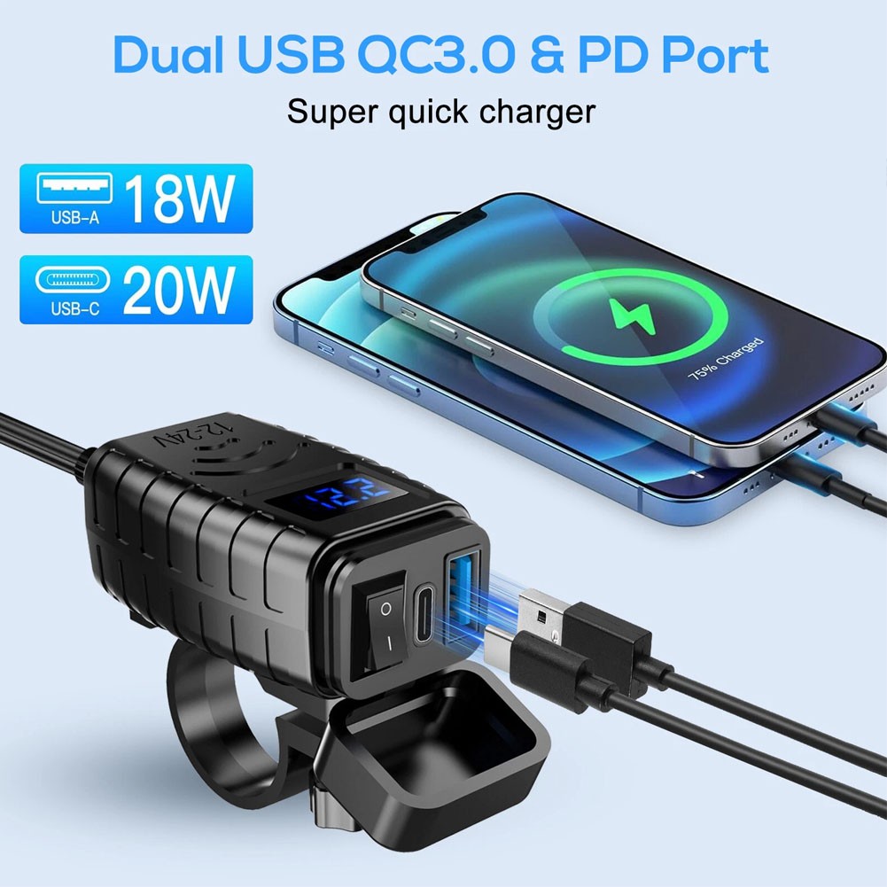 Motorcycle USB Type C Port | 12V Voltmeter QC3.0 Fast Charger for 7/”Handlebar