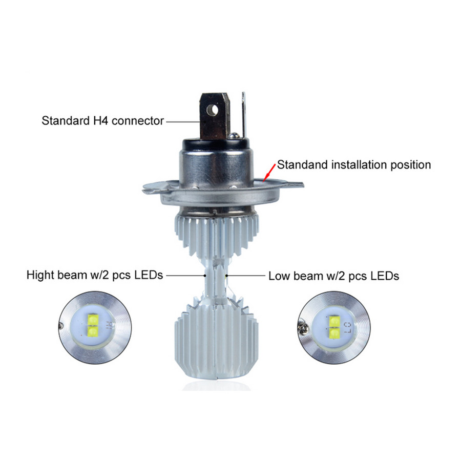 H4 LED Front Light Bulb Headlight Hi/Lo Beam 6000K Bright For Motorcycle 20W