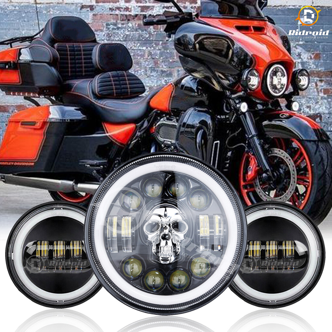 Halo 7″ Inch LED Headlight RGB + 2x 4.5″ inch Passing Fog Lights For Motorcycle