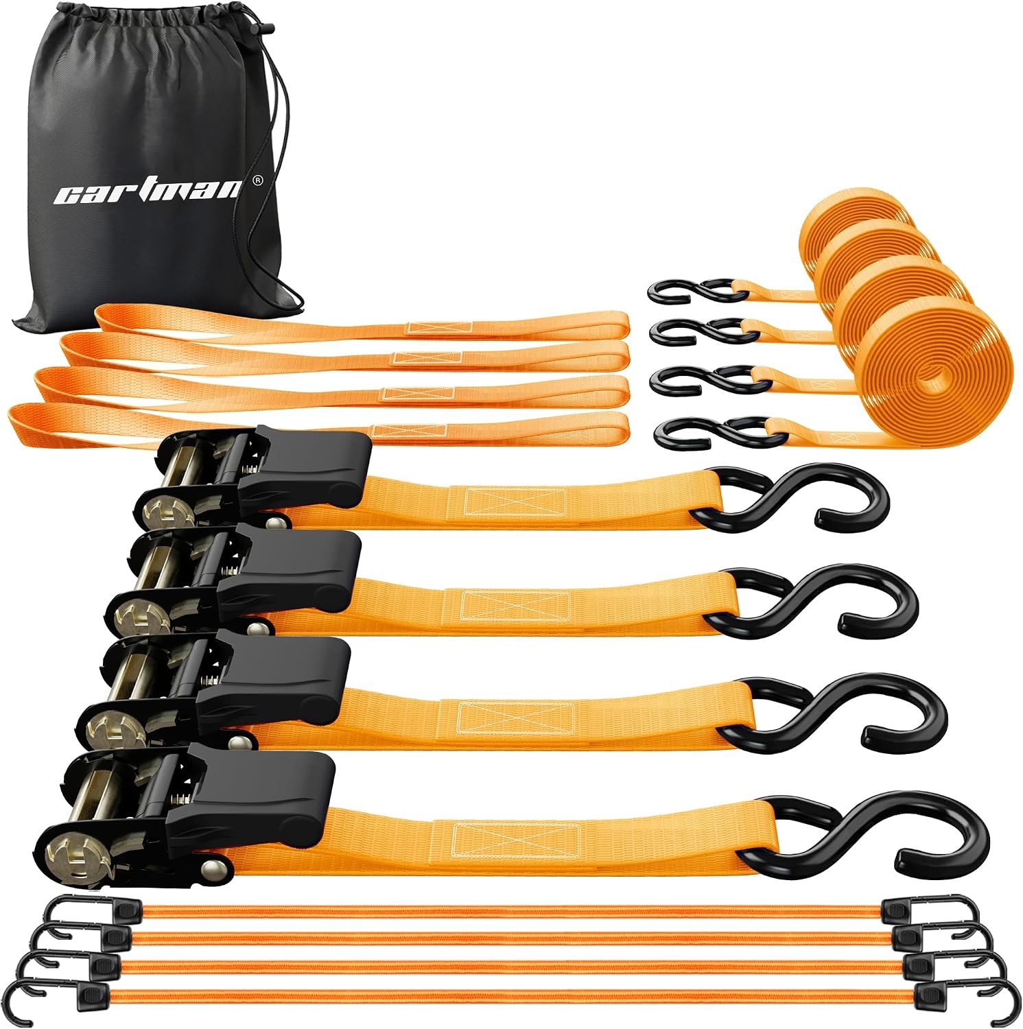 4-Pack 1×15 ft Ratchet Tie-Down Straps S-Hooks, Orange 1500 lb Capacity, Include