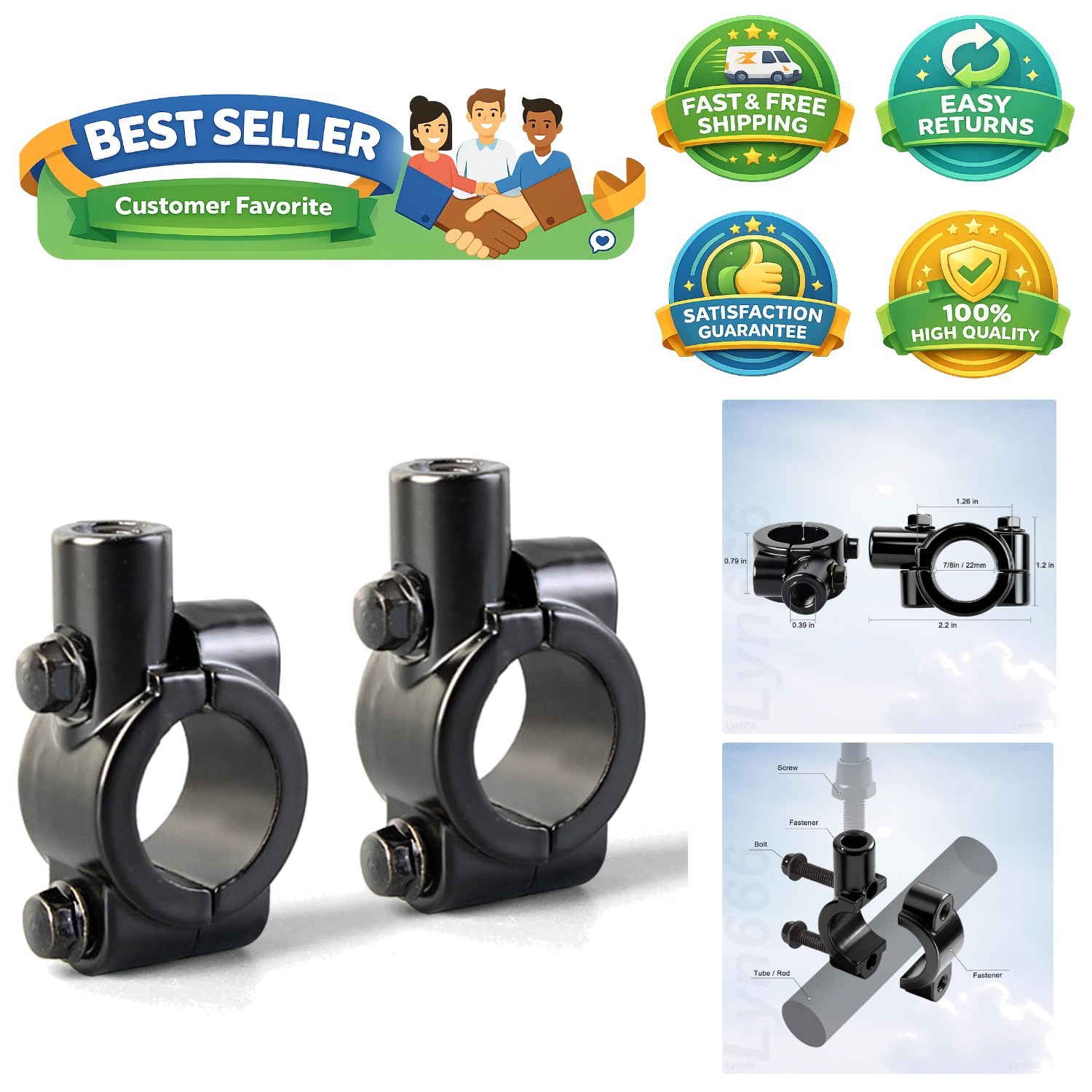 Universal Black Mirror Mount Clamp for Motorcycles and ATVs – Fits 7/8″ Bars