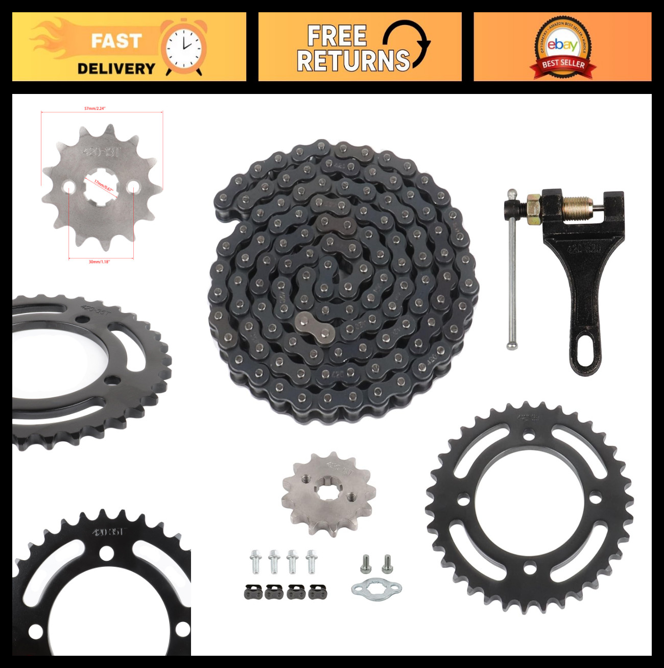 420 120 Links Chain & Sprocket Set 35T 76mm & 13T 17mm for 50-125cc ATV Go Kart