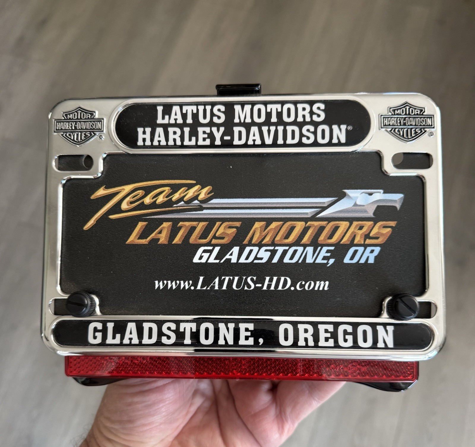 New Harley Davidson Motorcycle License Plate Frame Holder Gladstone OR Dual Logo