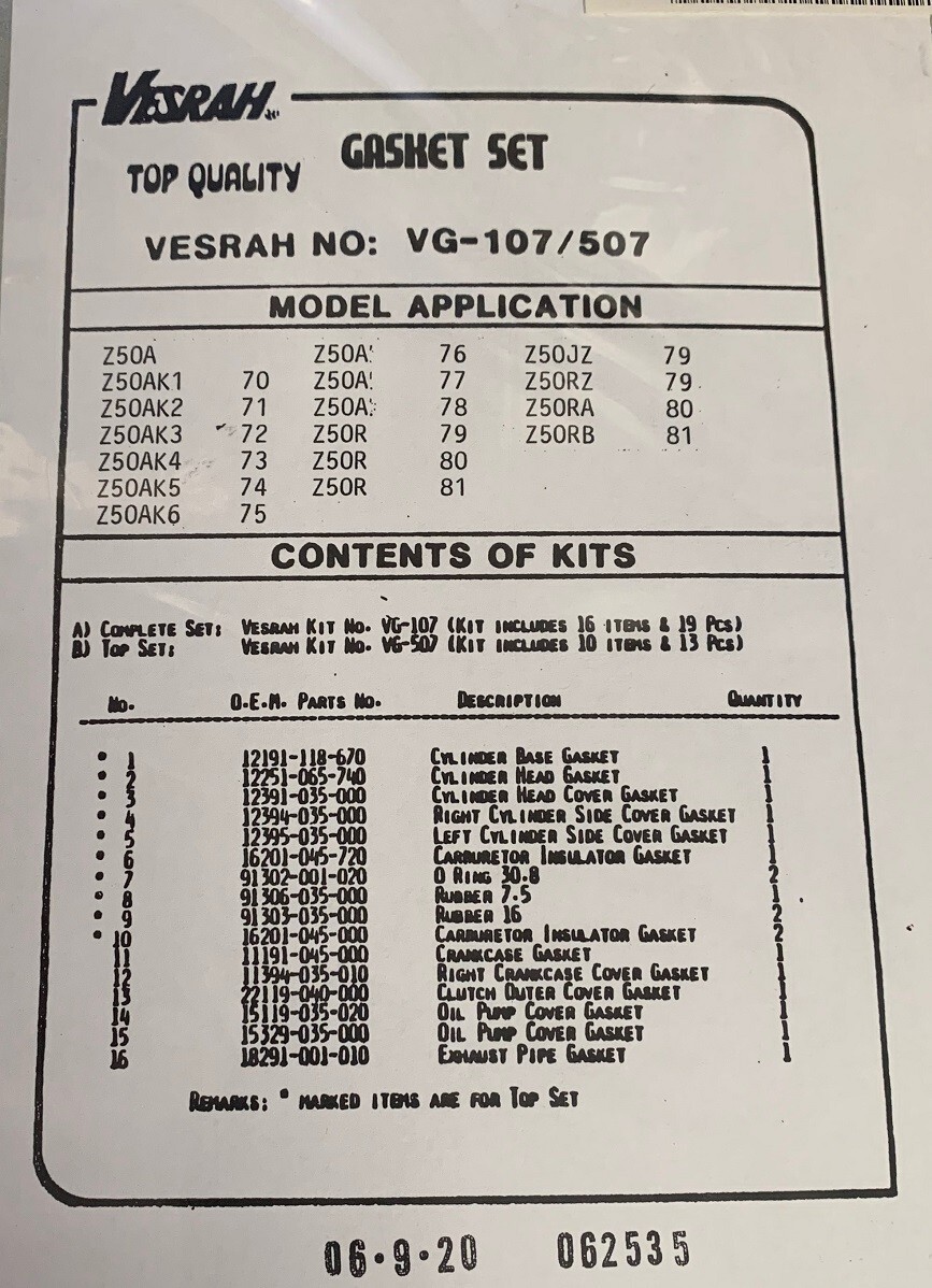 1EA NEW VESRAH (Made in Japan) Z50 1968 to 1981 TOP END GASKET SET VG-507 (335V)