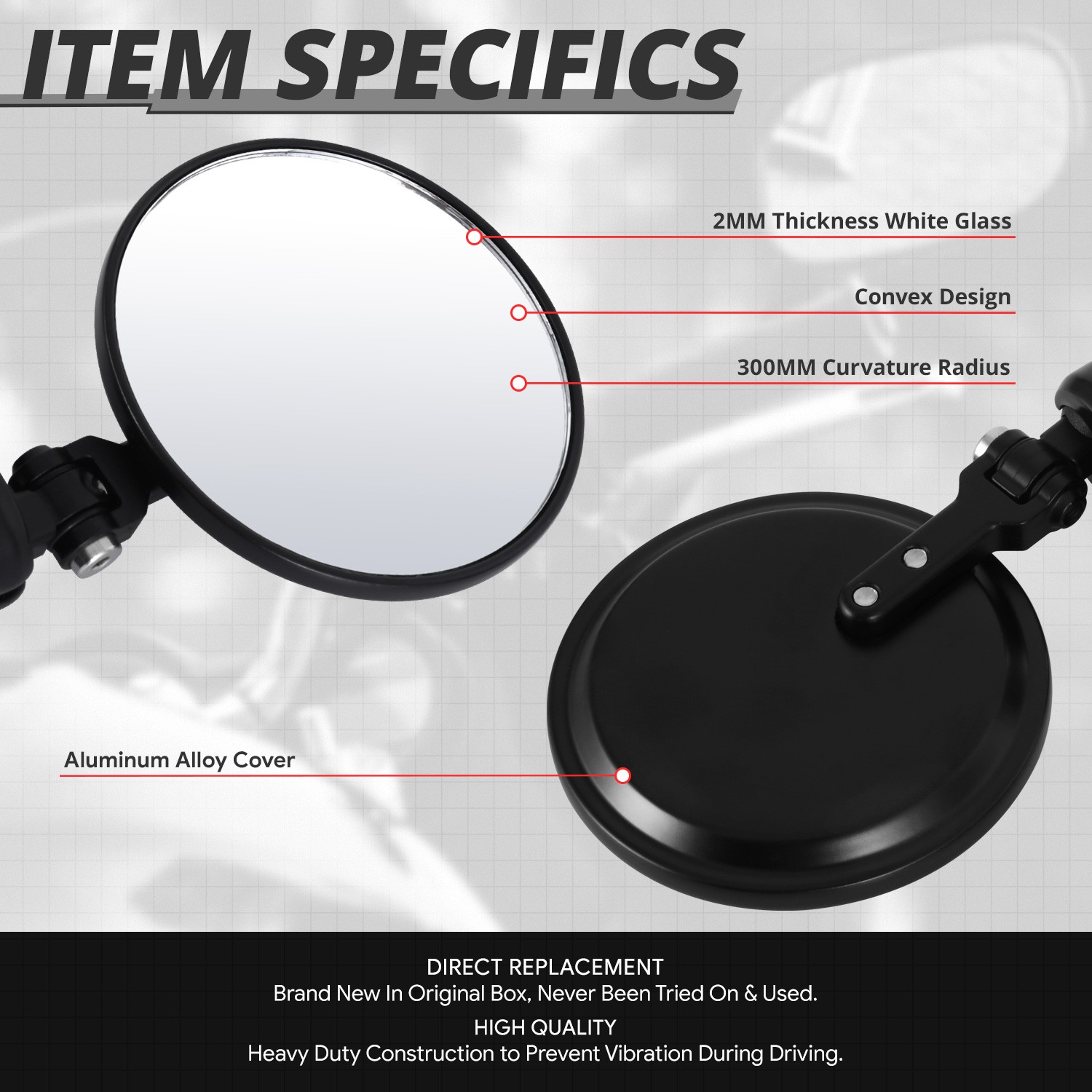 For Universal Naked Bike Cruiser Convex Round Side View Mirrors 3inch Bar-end