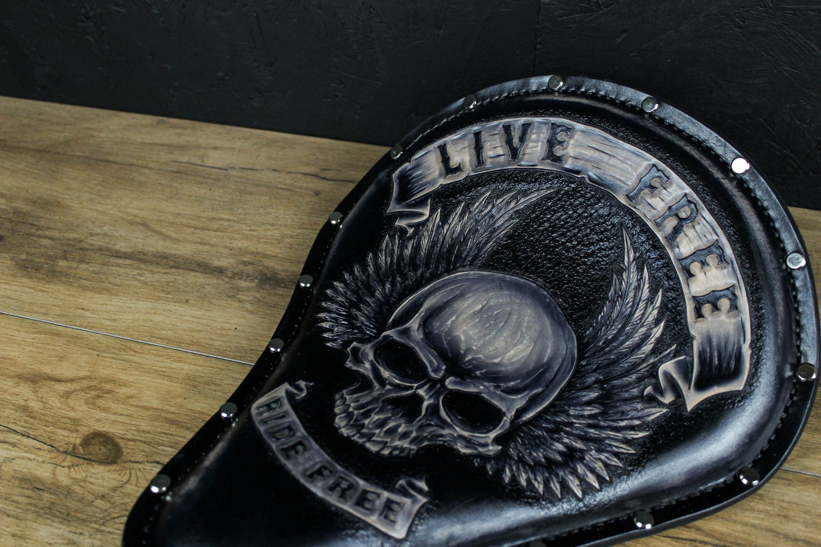 Handmade Leather Motorcycle Solo Seat & Tool Bag Set Skull Custom Chopper Bobber