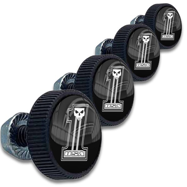 4 USA #1 SKULL WHITE Black License Plate Frame Tag Bolt Screw Harley Motorcycle