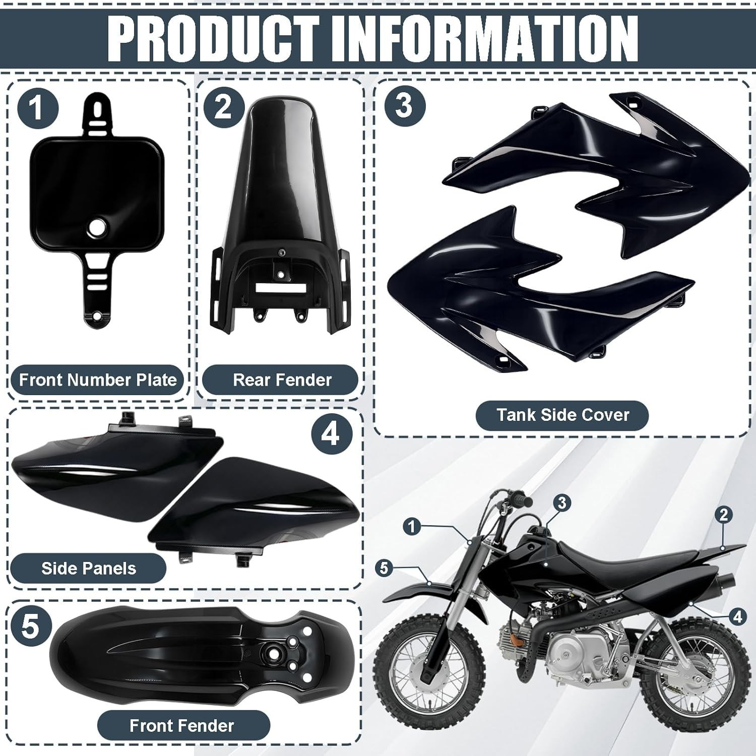 CRF50 Black Fender Fairing Body Work Set, Plastic Body Fender Kit for XR50 XR 50