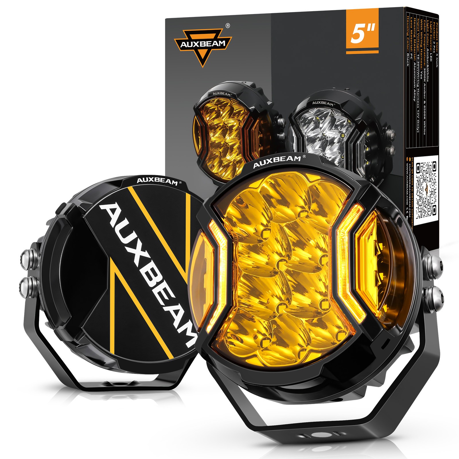 AUXBEAM 5″ Motorcycle LED Pods Driving Lights Hyper Spot Beam Amber DRL + Covers