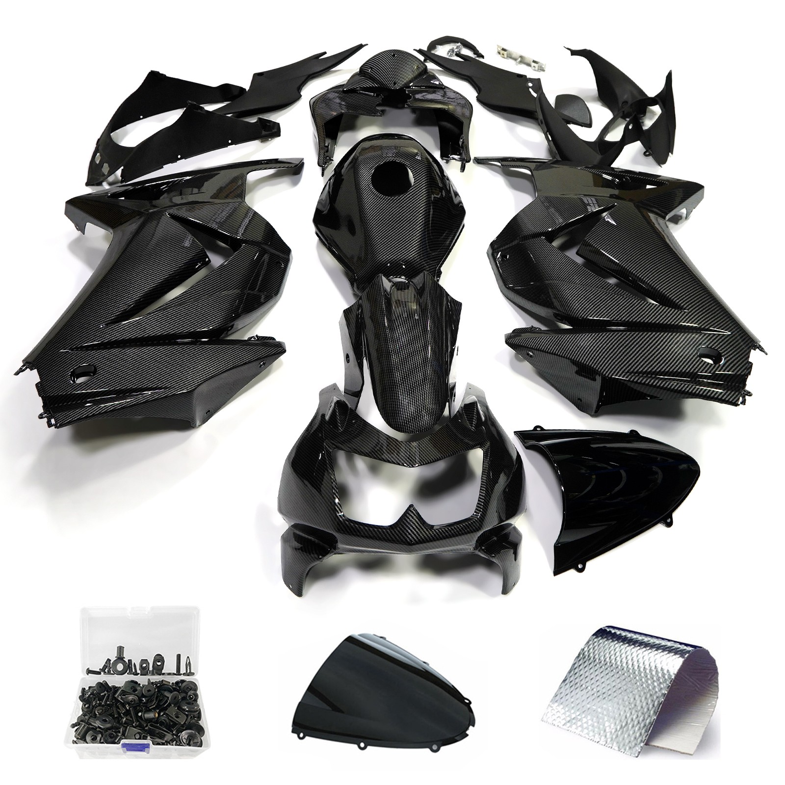Black Carbon Fiber Plastic Fairing Kit+Tank For Kawasaki Ninja 250R 2008-2012