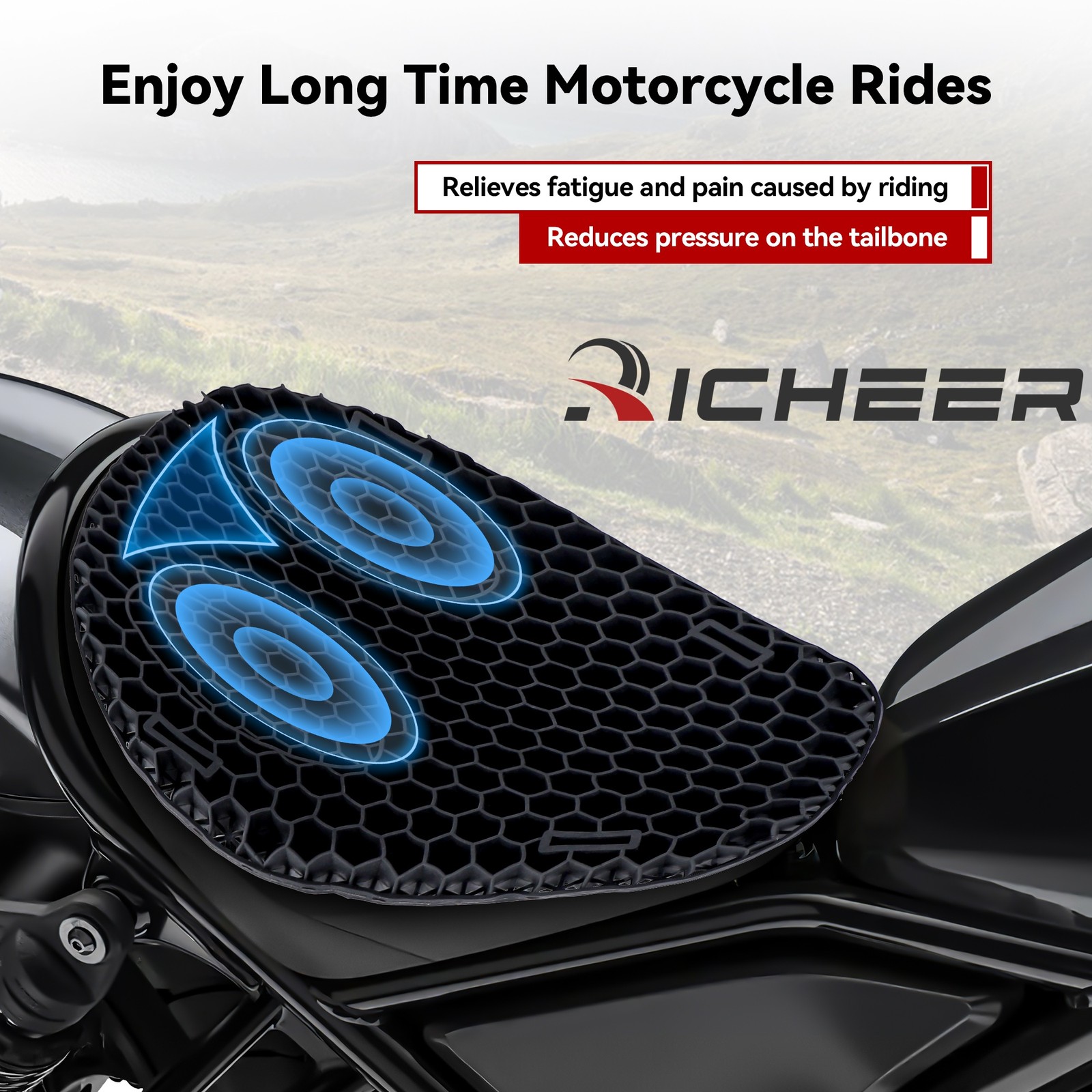 Foldable Motorcycle Gel Seat Cushion, Large 3D Breathable Pad for Long Rides
