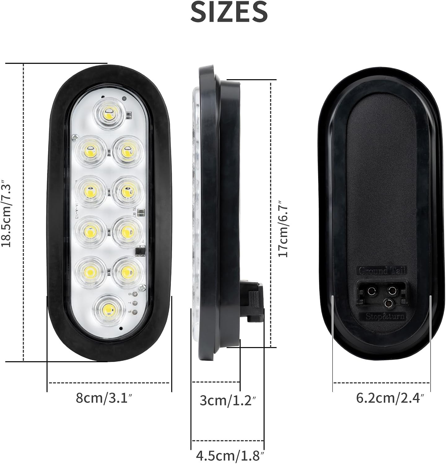 Oval LED Trailer Tail Lights, 6 Inch, Stop Turn Brake Surface Mount Grommets, DO
