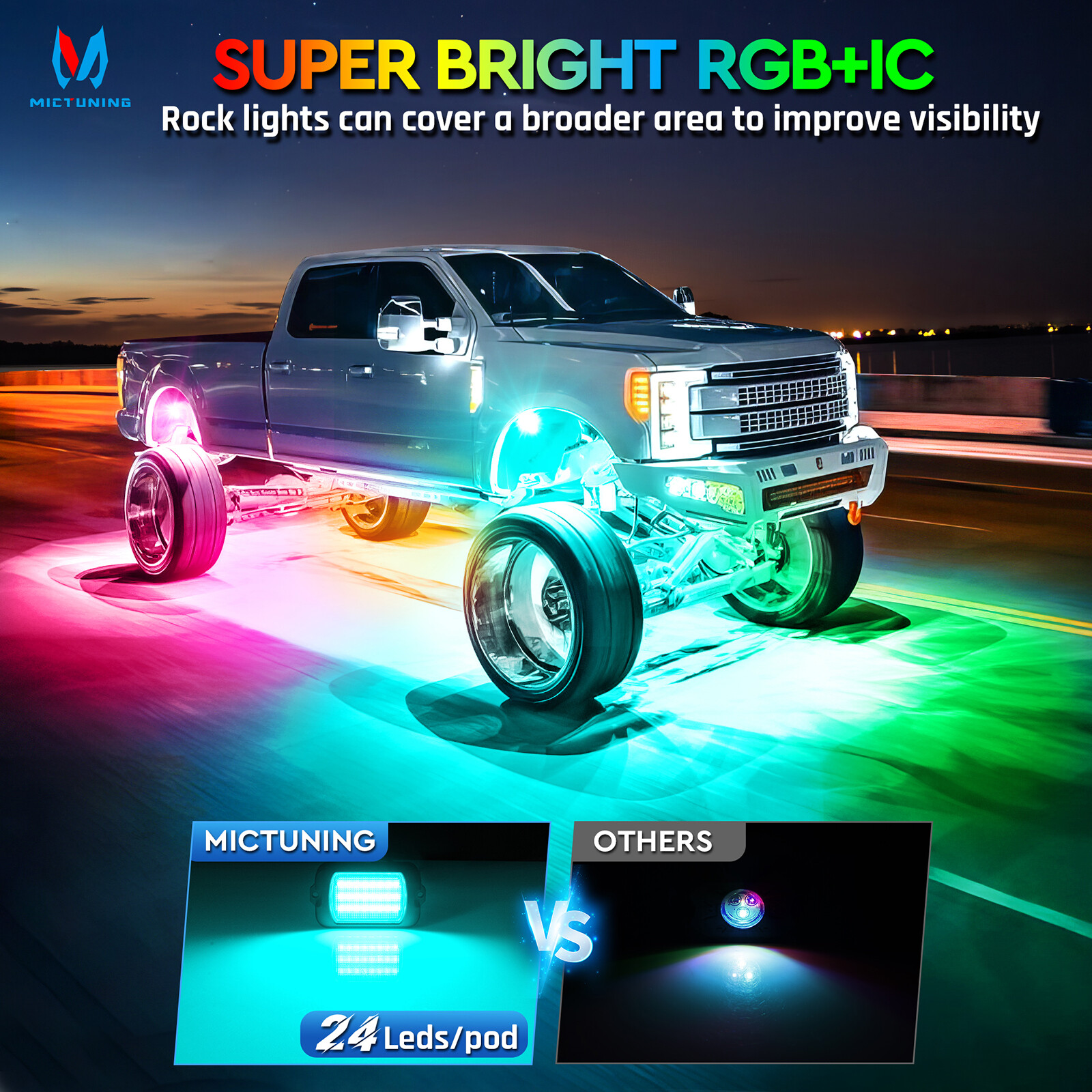 MICTUNING 1000% Bright Q1 MAX RGB+IC Chasing LED Rock Lights, 12 Pods Neon Lamp