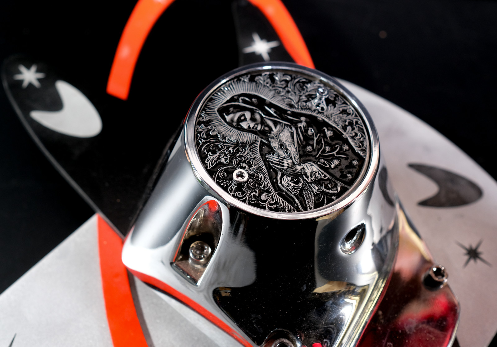 Holy Mother Engraved Shovelhead Evo Silver & Black Timing Cover Harley Davidson