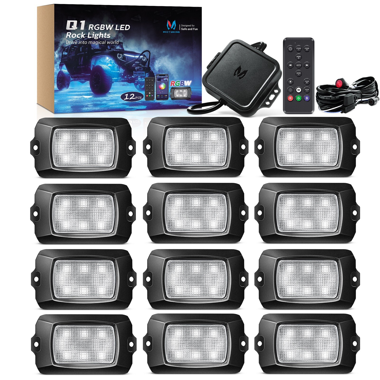 MICTUNING Latest Q1 12Pcs RGBW LED Rock Lights OffRoad Underbody Under Car Light