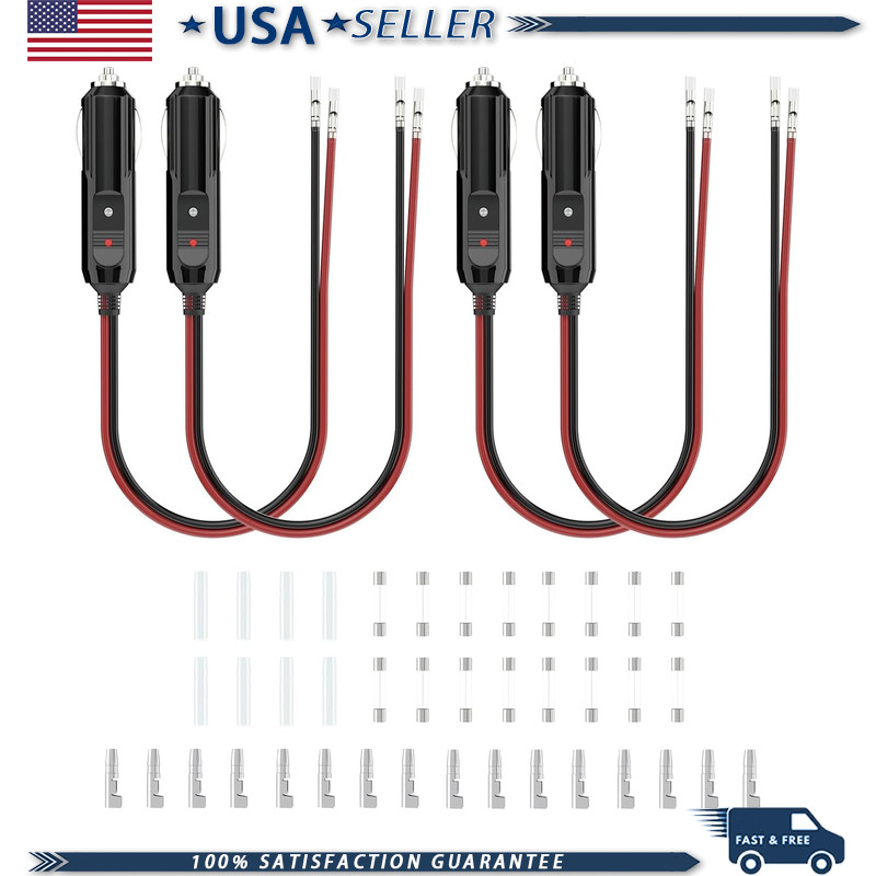 12V Cigarette Lighter Plug LED Light, 16AWG 1FT Wire, Fuse (4 Pack)