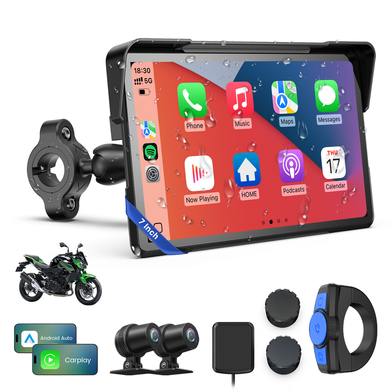7″ Motorcycle Carplay with TPMS GPS Dual 4K Dash Cam Bluetooth Audio BSD 64GB