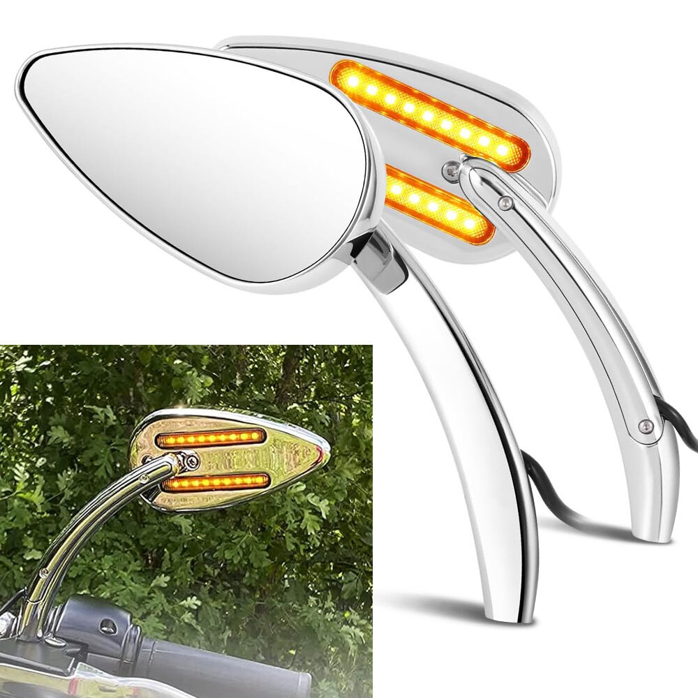8mm 10mm Motorcycle Mirrors with Brake & Turn Signal Rear LED Mirror Teardrop