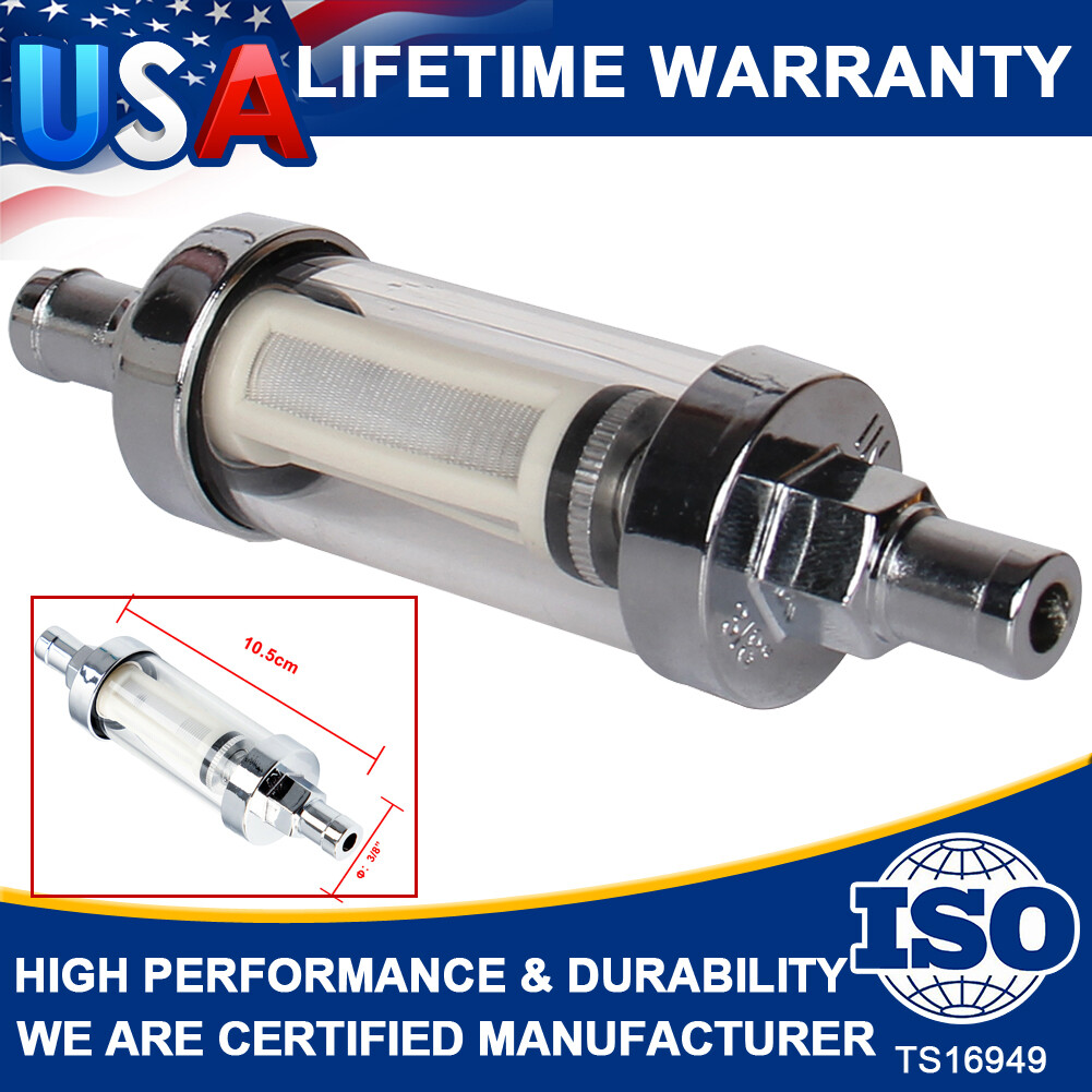 Universal 3/8INCH CLEARVIEW GLASS INLINE FUEL FILTER IN & OUT CHROME PLATED HOSE