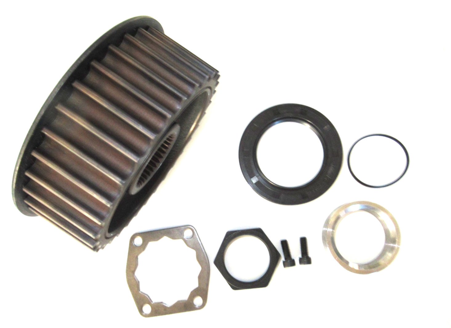 HARLEY BELT PULLEY, 34 TOOTH, W/ NUT, LOCK PLATE, SCREWS, Spacer, 2 Seals 85-05