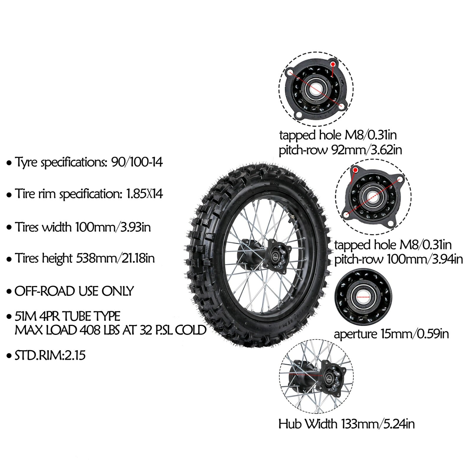 17″ + 14″ Wheels 90/100-14 70/100-17 Tire and Rim Dirt Pit Bike Apollo SSR 125CC