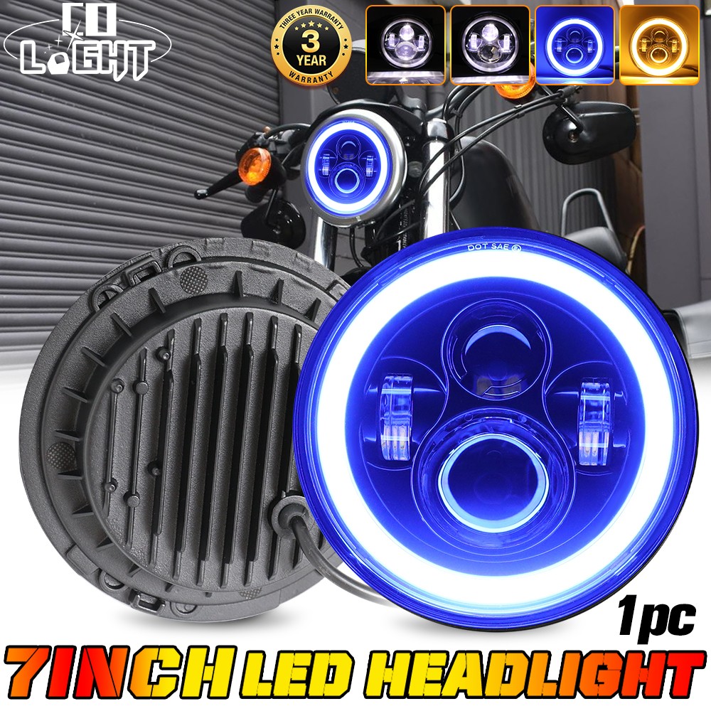 7″ Inch Motorcycle LED Headlight W/BLUE DRL Hi/Lo Beam Lamp For Motorbike Motor