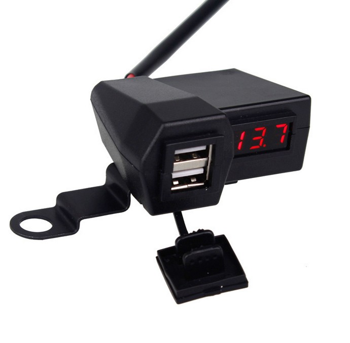 USB Charger Motorcycle Dual Socket with LED Voltmeter Handlebar installation